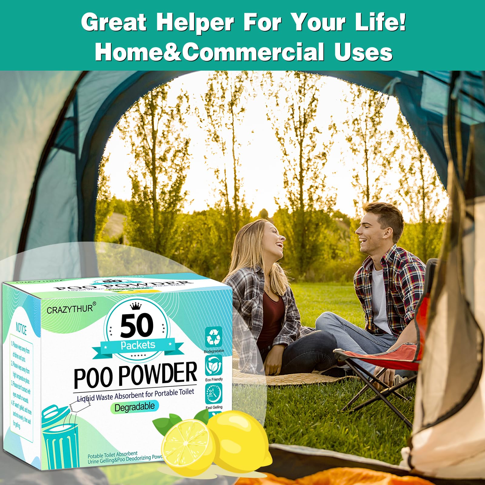 Crazythur Portable Toilet Gel, 50 Packets Camp Toilet Portable Gel, Poo Powder With Lemon Scent, Eco Gel For Portable Toilet Pow