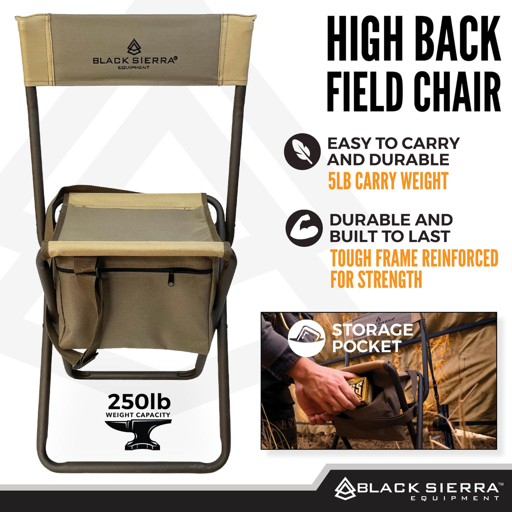 Black Sierra Folding Hunting Stool W/Under Seat Storage Pouch And Carry Strap, Lightweight Portable Hunt Chair W/Backrest, Heavy