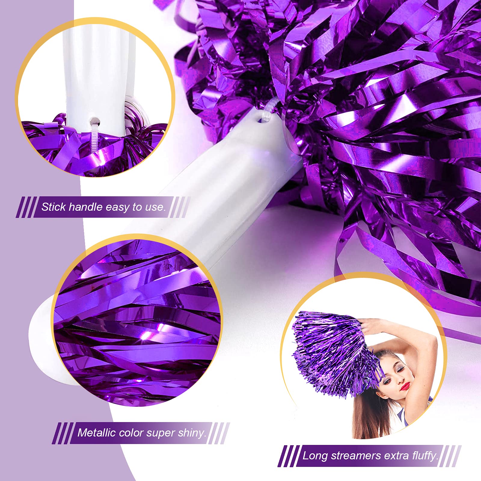 Dilibra 24 Pcs Metallic Cheerleading Pom Poms For Kids, Shiny Cheerleaders Cheer Pompoms With Baton Handle, Cheering Squad Hand