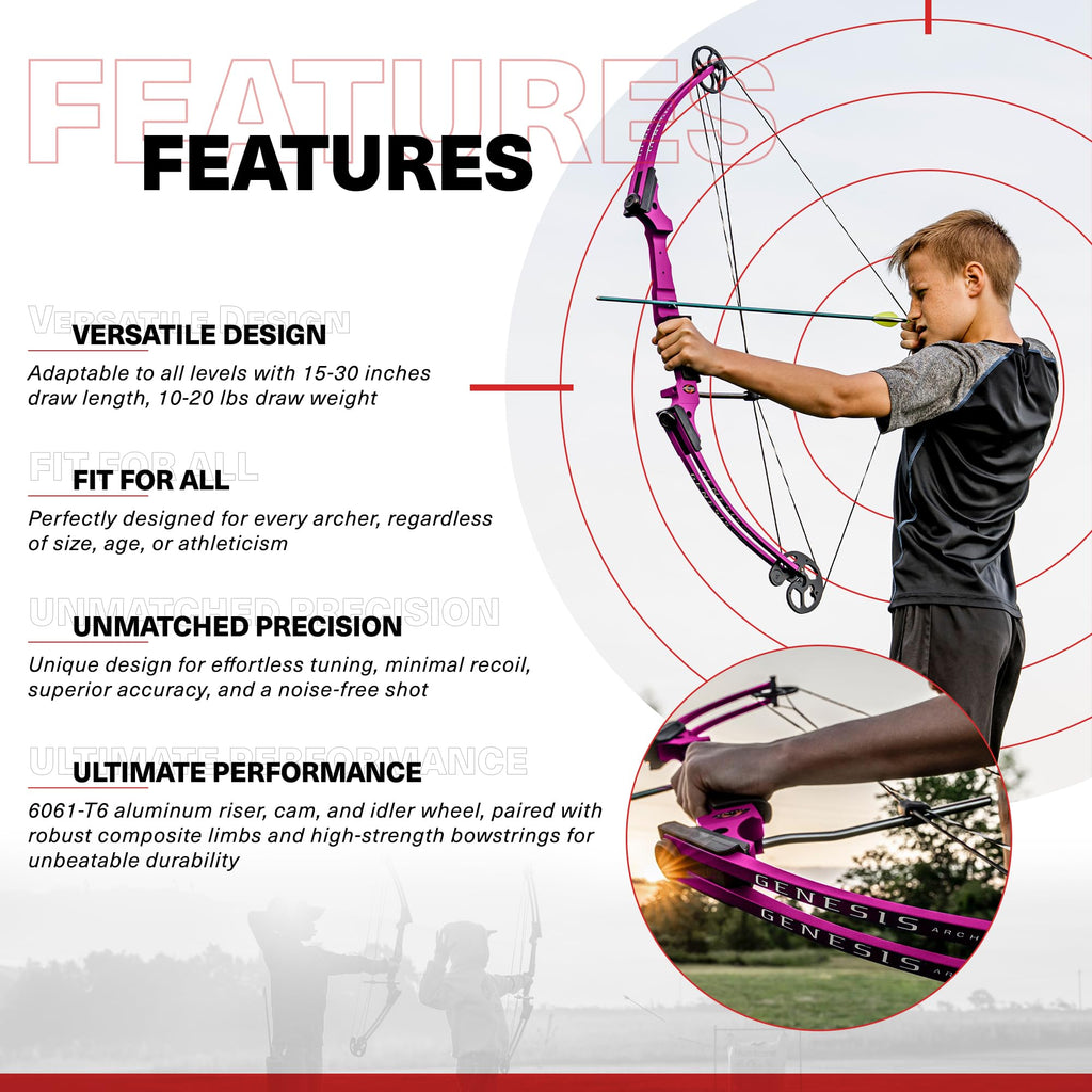 Genesis Archery Compound Bow, W/Adjustable Riser, Original, Right Handed, Purple