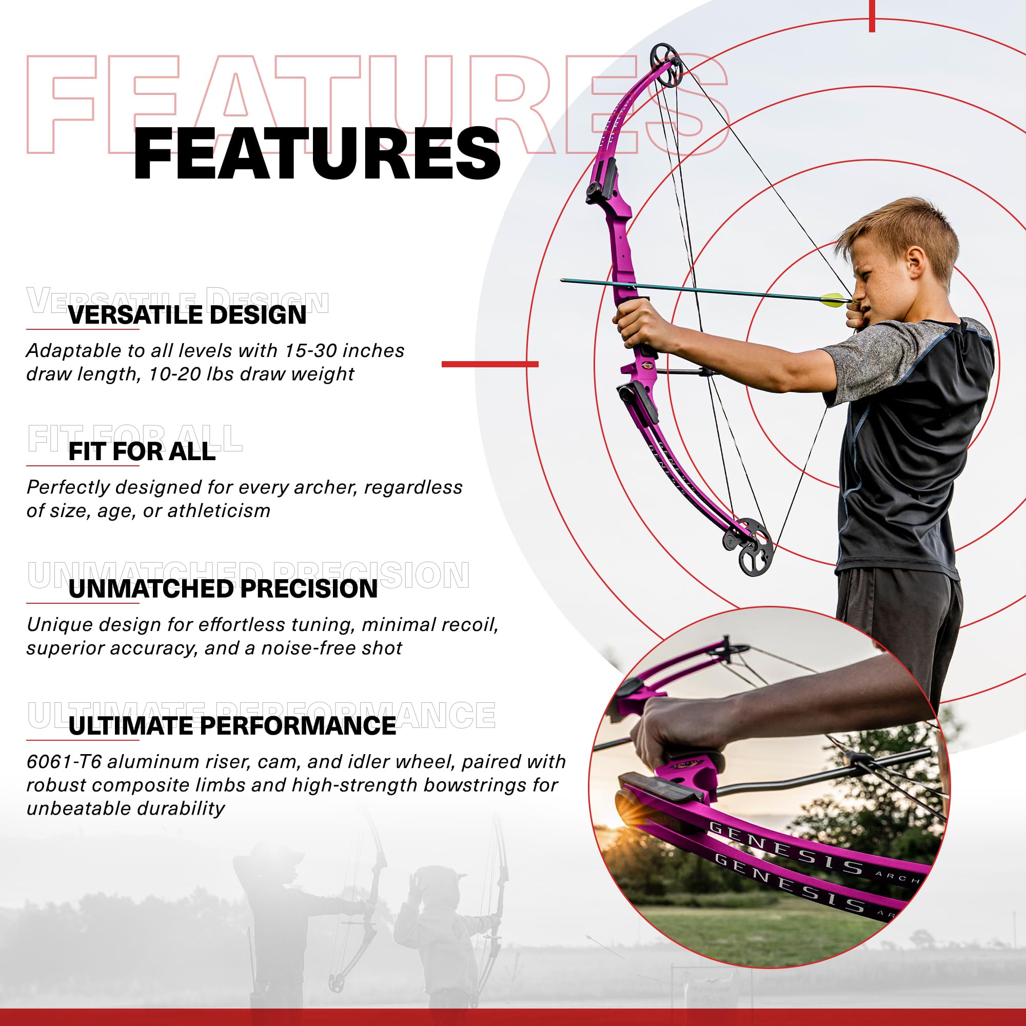 Genesis Archery Compound Bow, W/Adjustable Riser, Original, Right Handed, Purple