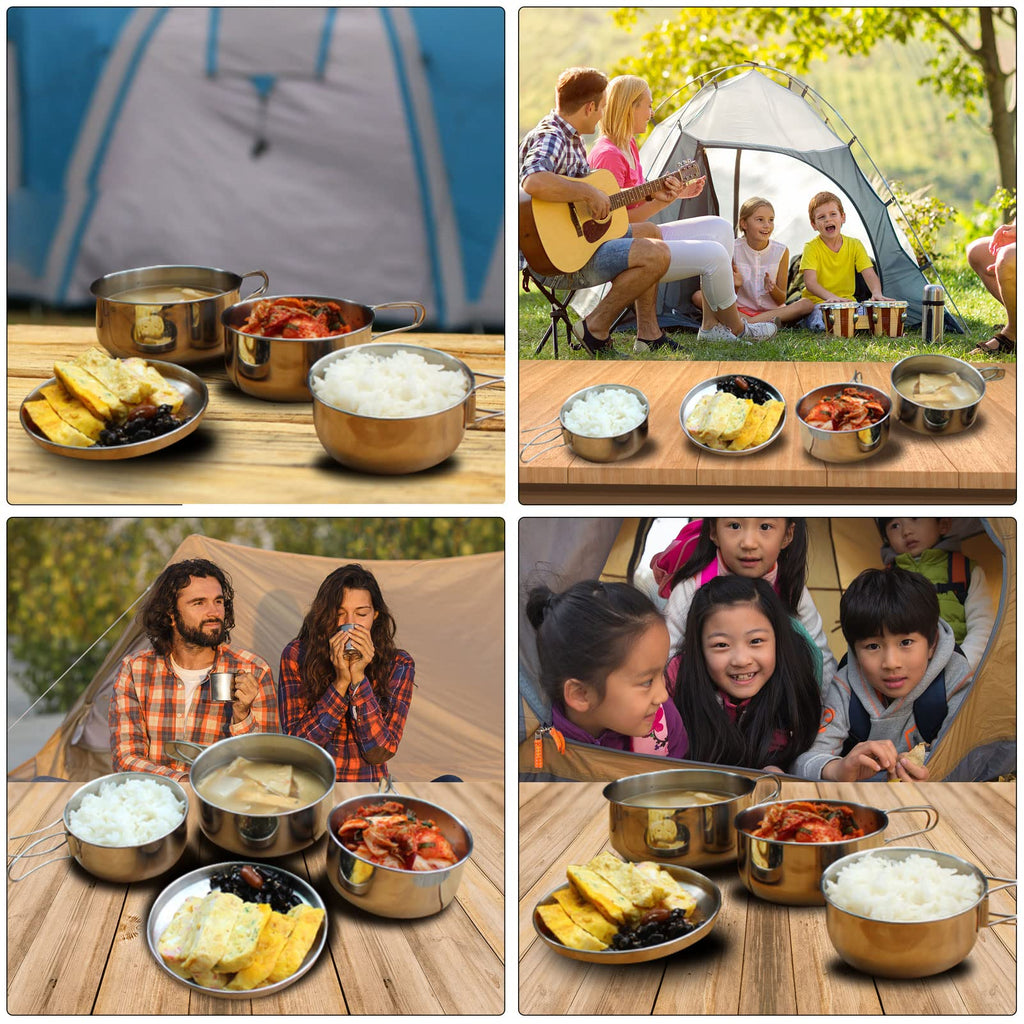 Camping Pots Pans, 4Pcs Portable Foldable Stainless Steel Combination Pot Cookware Set Camping Kitchenware Picnic Outdoor Pan Po