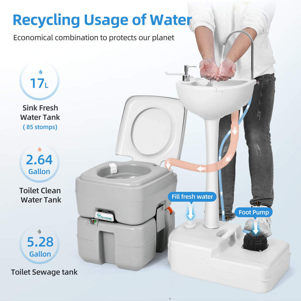 Yitahome Portable Sink And Toilet, 17 L Hand Washing Station & 5.3 Gallon Flush Potty,For Outdoor,Camping, Rv, Boat, Camper, Tra