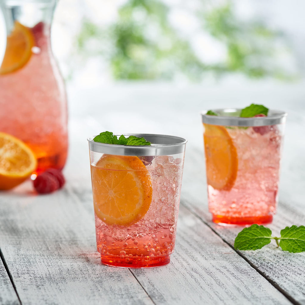 Plasticpro Disposable 10 Oz Crystal Clear Plastic Tumblers With Silver Rim For Partys  Weddings Pack Of 100