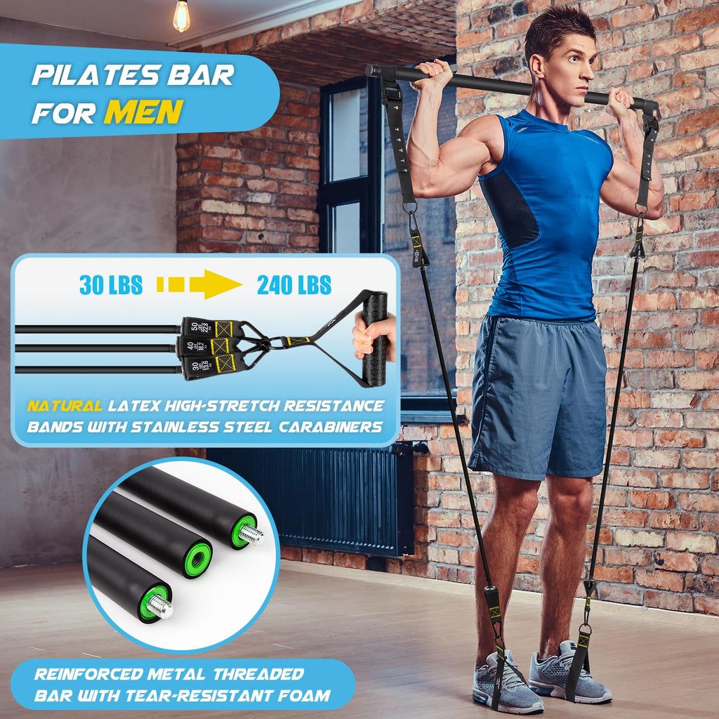 Pilates Bar Kit With Resistance Bands, Multifunctional Metal Exercise Bar With Heavy-Duty Metal Adjustment Buckle, Portable Home