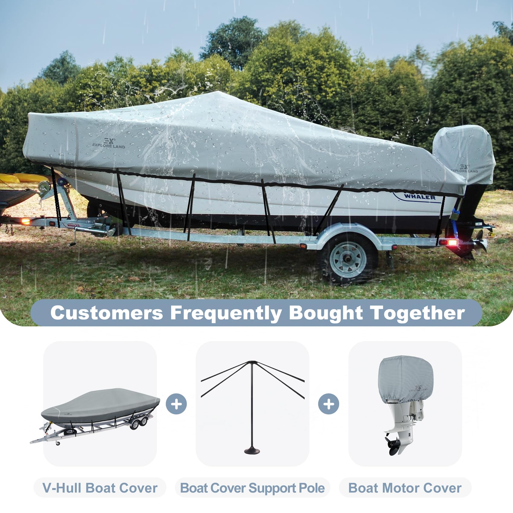 Explore Land 900D Trailerable Waterproof Boat Cover Fits 17'-19'Long Beam Width Up To 102 V-Hull Tri-Hull Runabout Fishing Ski P