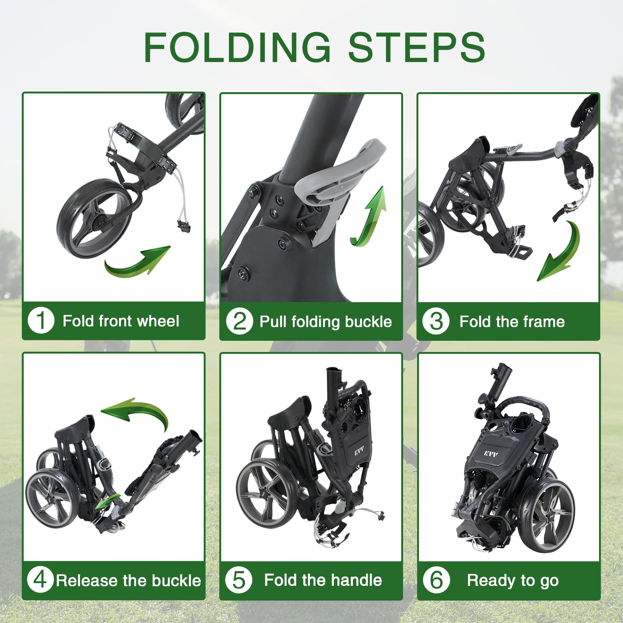 Kvv 3 Wheel Foldable/Collapsible Golf Push Cart Ultra Lightweight Smallest Folding Size, New-Version Scorecard Holder Umbrella H