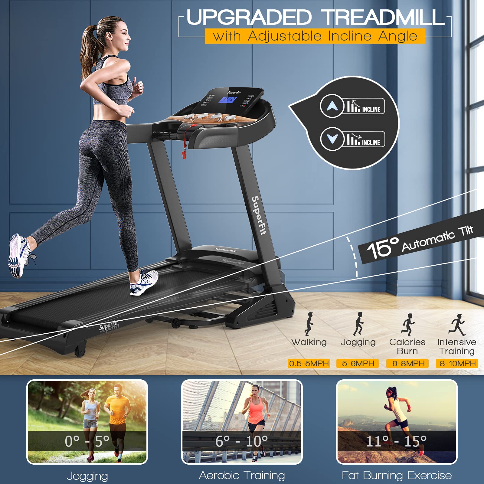 Goplus 3.75Hp Folding Treadmill With Incline, Electric Superfit Treadmill W/App Control, 12 Preset & 3 Custom Programs, Blue Too