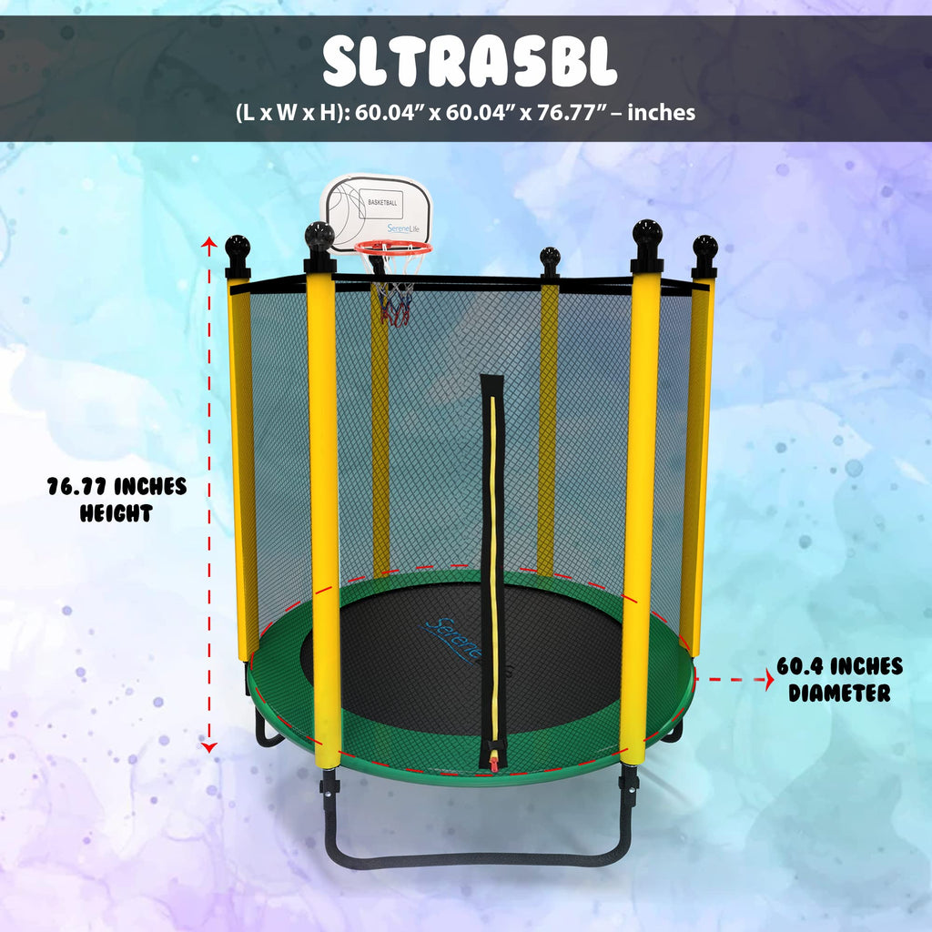 SereneLife 5FT Outdoor & Indoor Trampoline for Kids - Durable Mini Toddler Trampoline with Net Enclosure & Basketball Hoop - Sup