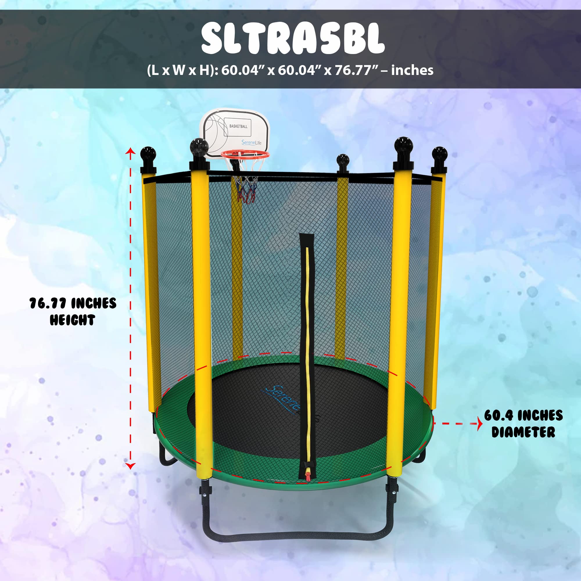 SereneLife 5FT Outdoor & Indoor Trampoline for Kids - Durable Mini Toddler Trampoline with Net Enclosure & Basketball Hoop - Sup