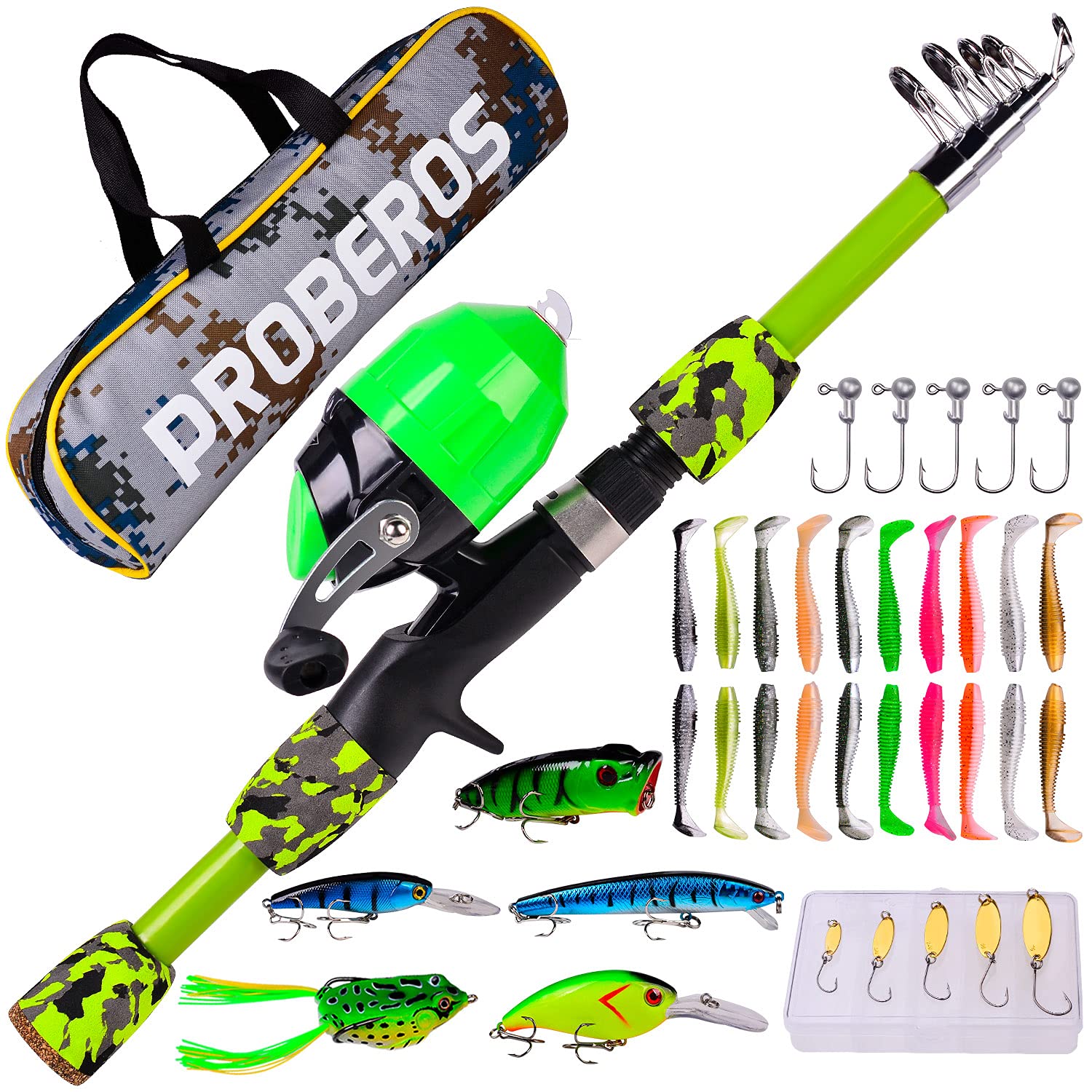 Proberos Kids Fishing Pole - Portable Telescopic Fishing Rod And Reel Combo Kit - Spincast Fishing Reel Casting Rods With Lures
