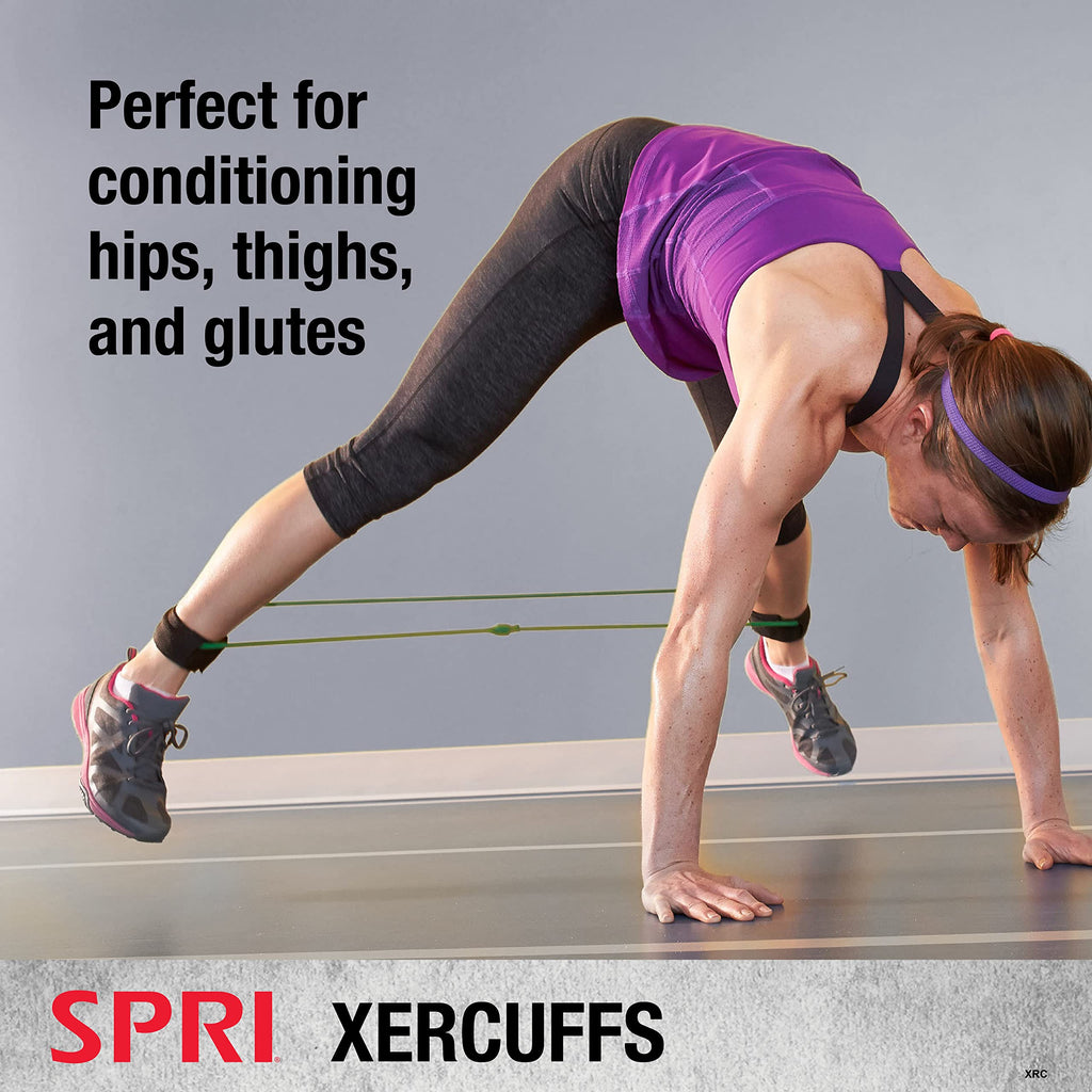 Spri Xercuff Leg Resistance Band Exercise Cord With Non-Slip Padded Ankle Cuffs, Blue, Heavy