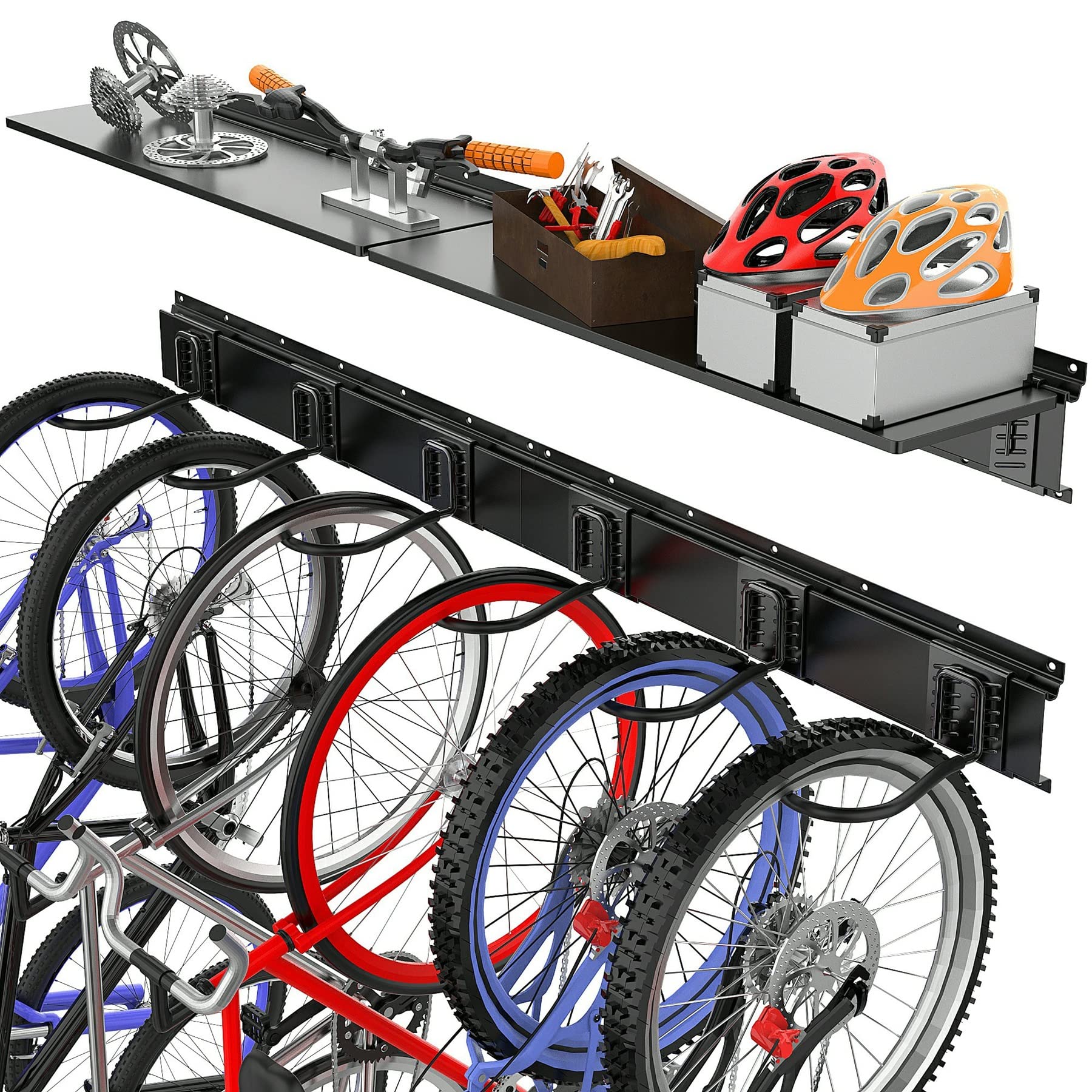 TORACK Bike Storage Rack with Shelf, 6 Bikes Hangers for Garage, Space Saving Bike Rack Wall Mount, Holds Up to 600 LBS