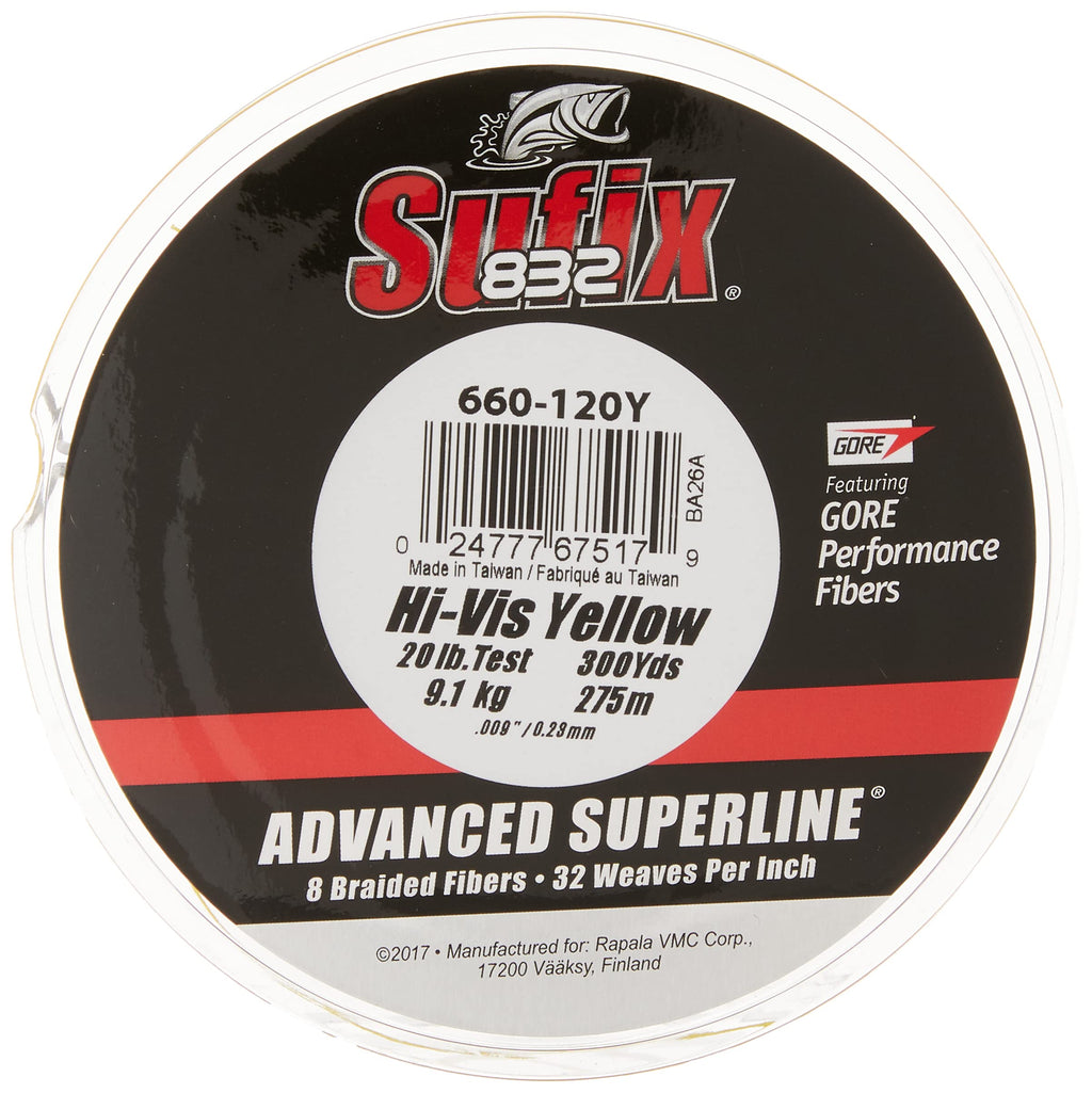Sufix 832 Advanced Superline Braid, Hi-Vis Yellow, 20-Pound/300-Yard Spool (660-120Y)