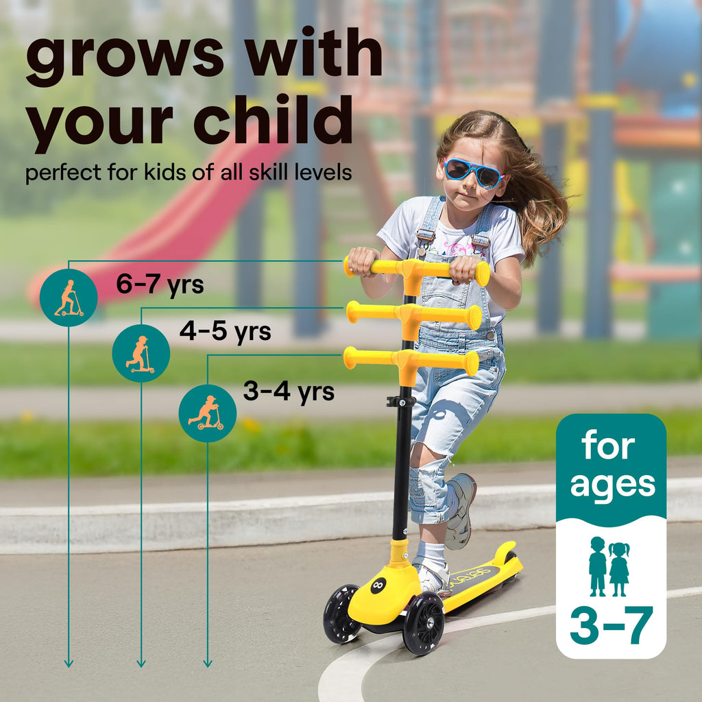 SereneLife 3 Wheel Scooter for Toddlers and Kids - Foldable Kid Scooter with LED Wheels, Adjustable Handlebar, Rear Brake, Anti-