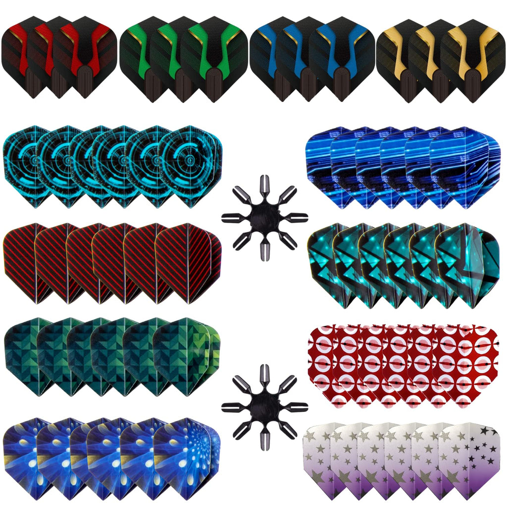 Shot Taker Co. Est. 2017 Standard Dart Flights 60Pc (12 Designs) + 16Pc Flight Savers - Durable Replacement Feather Tail Wings -