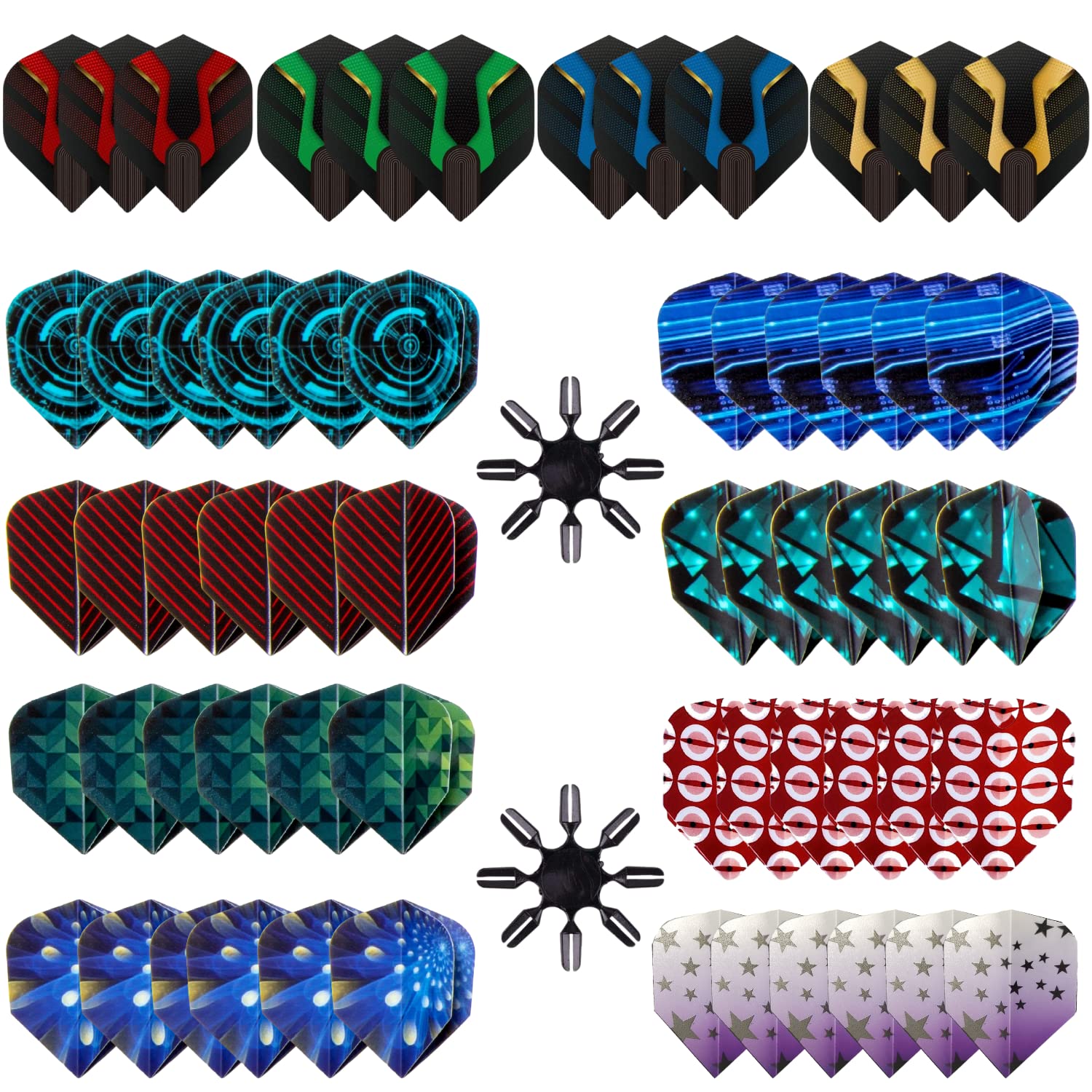 Shot Taker Co. Est. 2017 Standard Dart Flights 60Pc (12 Designs) + 16Pc Flight Savers - Durable Replacement Feather Tail Wings -