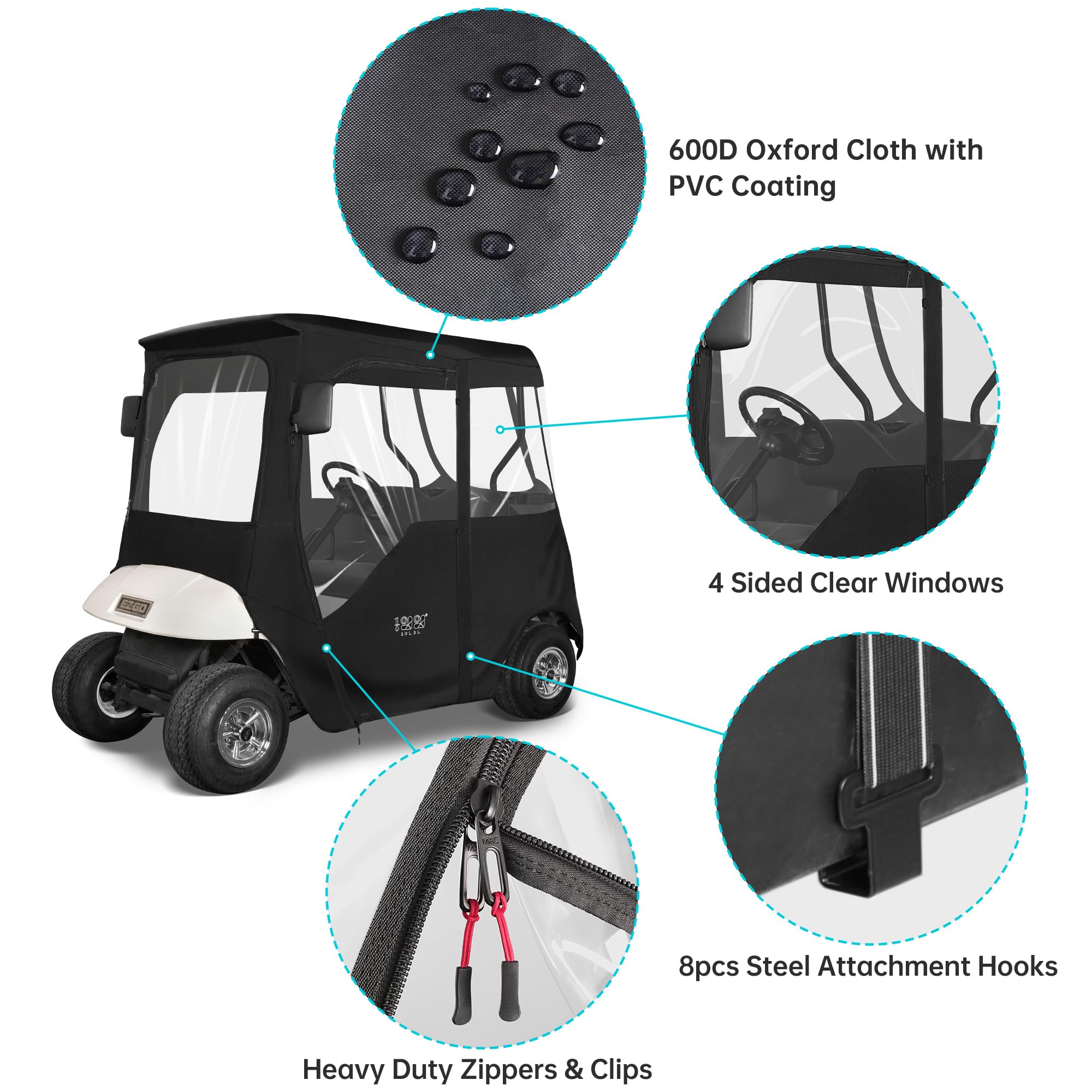 10L0L 2 Passenger Deluxe Golf Cart Driving Enclosure For Ezgo Txt And Rxv Model, 4-Sided Clear Window 600D Rain Cover All Weathe