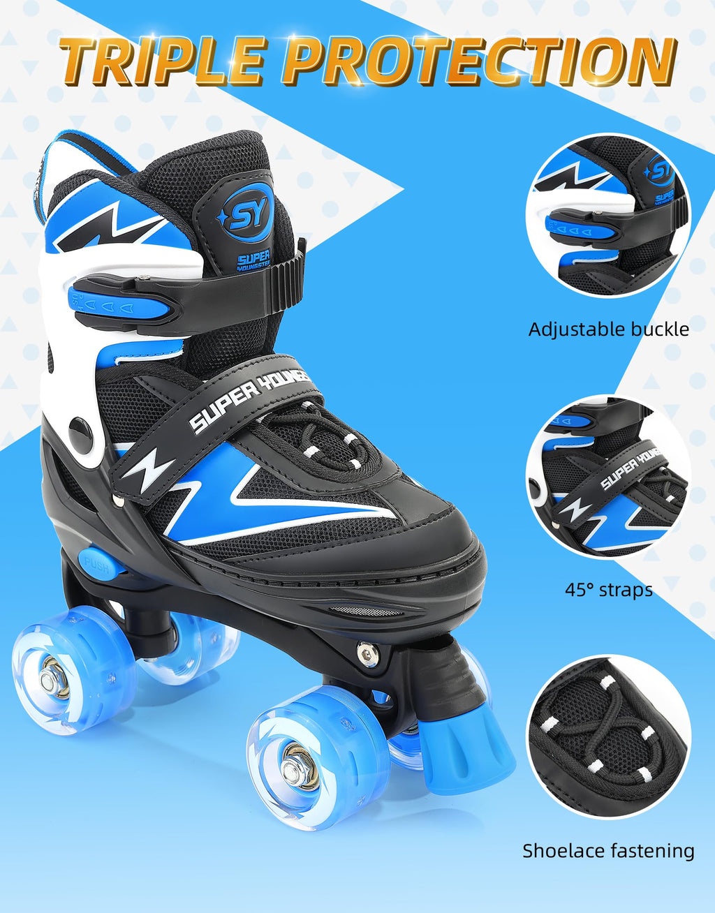 SUPER YOUNGSTER Adjustable Roller Skates Boys Kids Ages 5-8 8-12 Roller Skates Girls with Light up Wheels, Fun Rollerskate for Y