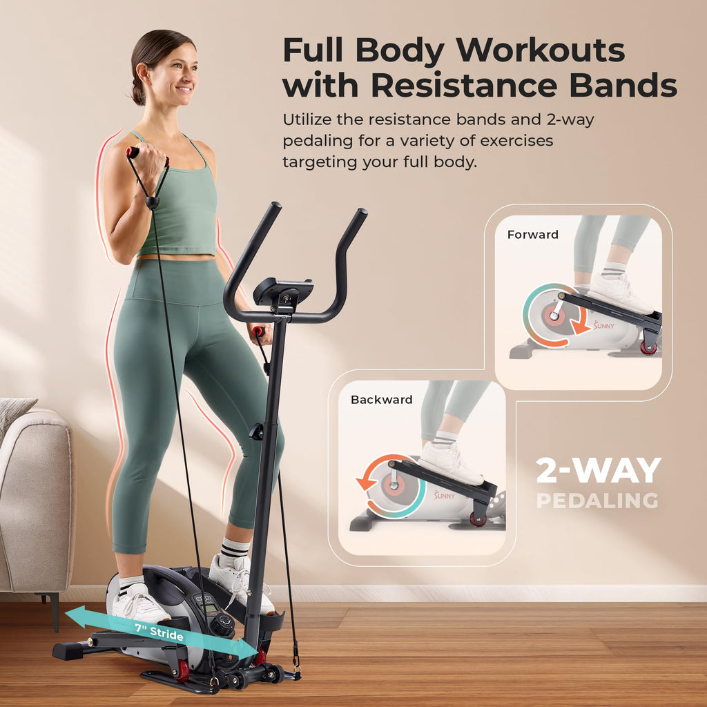 Sunny Health & Fitness Smart Compact Elliptical Cross Trainer with Handlebar and Exercise Bands, Magnetic Resistance, Senior Hom