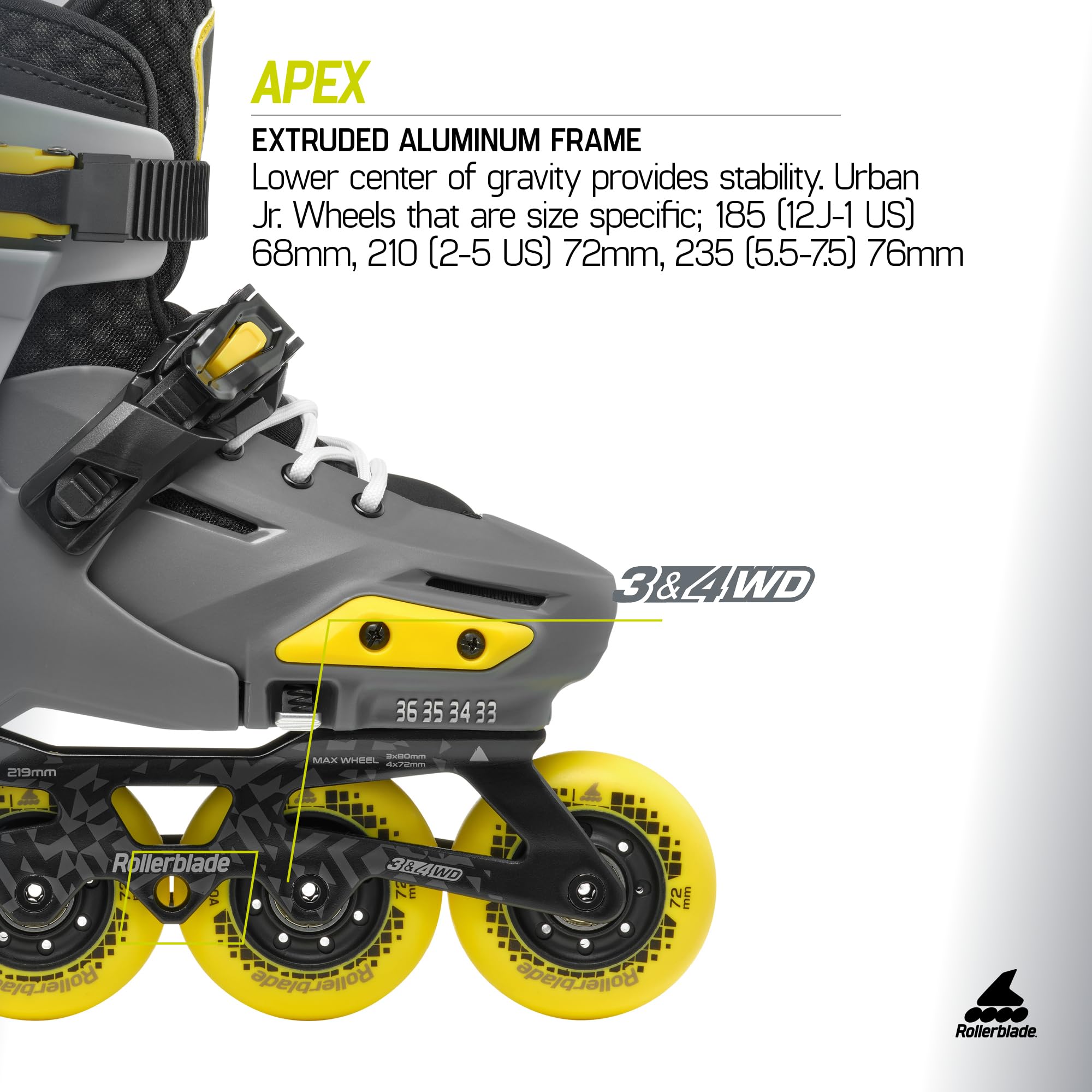 Rollerblade Apex Junior Adjustable Fitness Inline Skate, Charcoal & Yellow