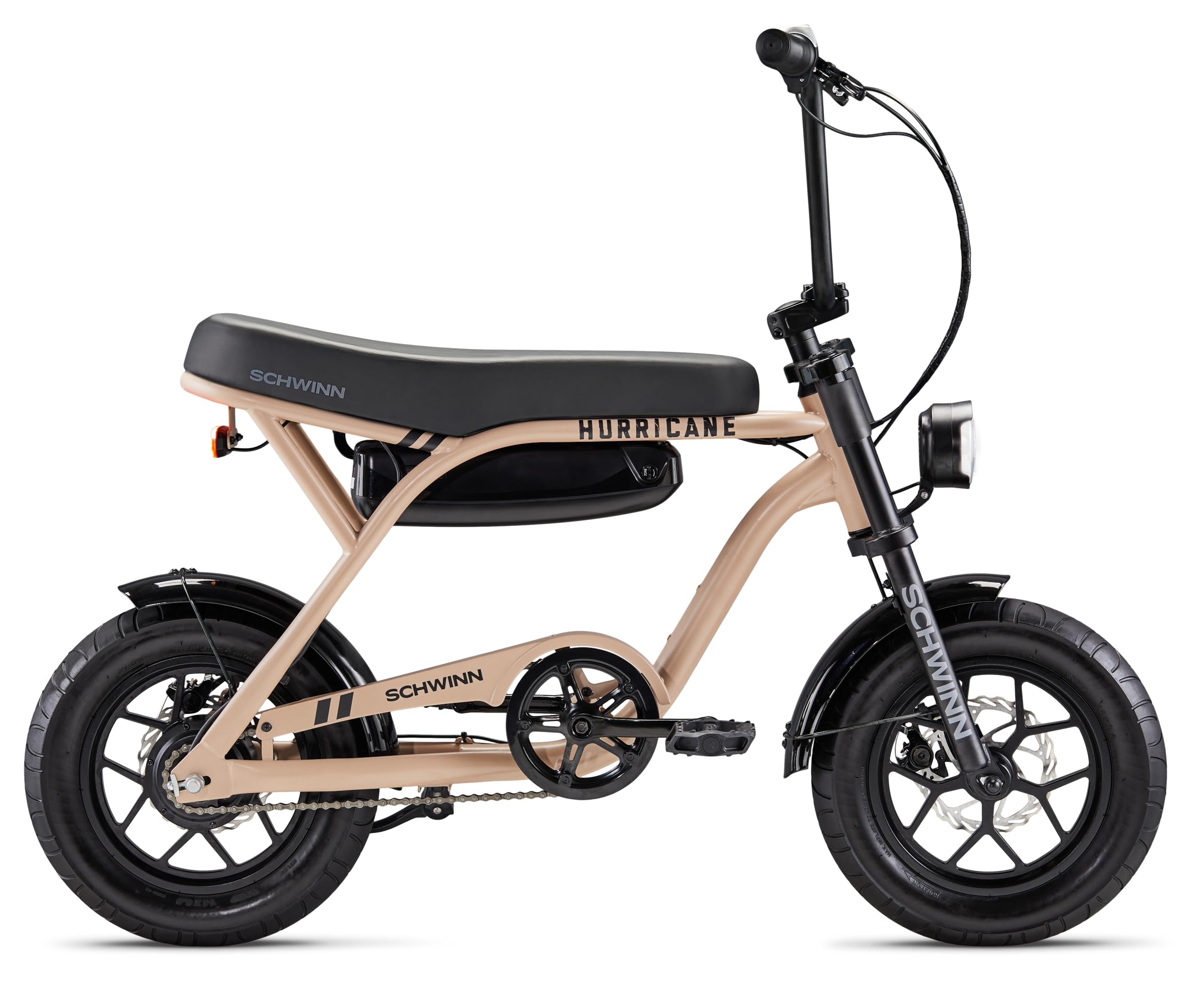 Schwinn Hurricane Compact Electric Bike, 30 Mile Range, 400W Peak Motor, Mechanical Disc Brakes, Ages 13+, 14 Wheels, Tan