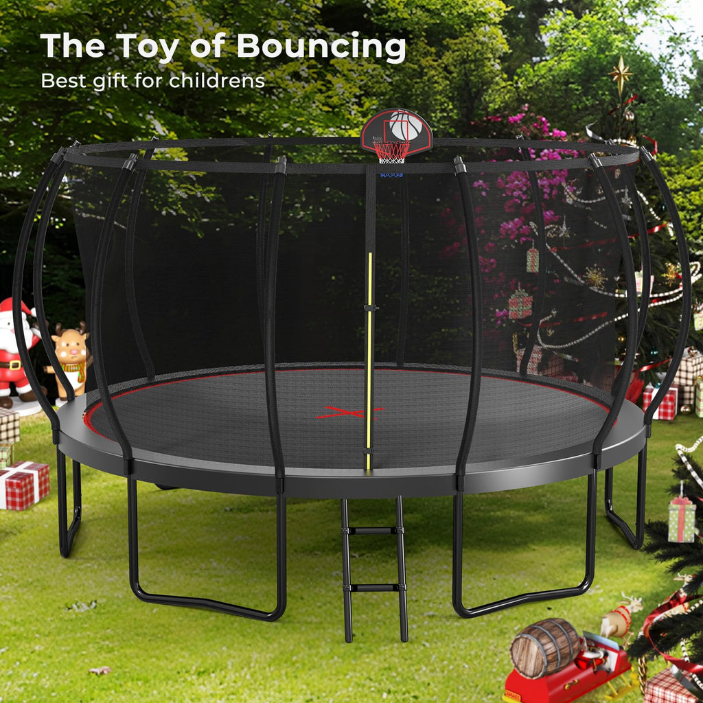 Lyromix 14FT Trampoline Outdoor with Basketball Hoop, Trampoline with Lights for Kids and Adults, Recreational Trampolin with Sp