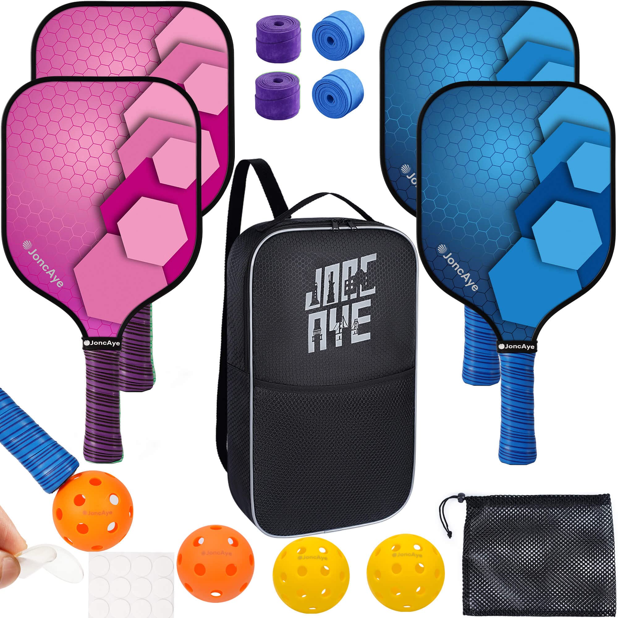 Joncaye Pickle-Ball-Paddle-Set-Of-4 With Balls, Lightweight Pickleball Paddle Set With Racket Bag, Grip Tape, Ball Retriever | P