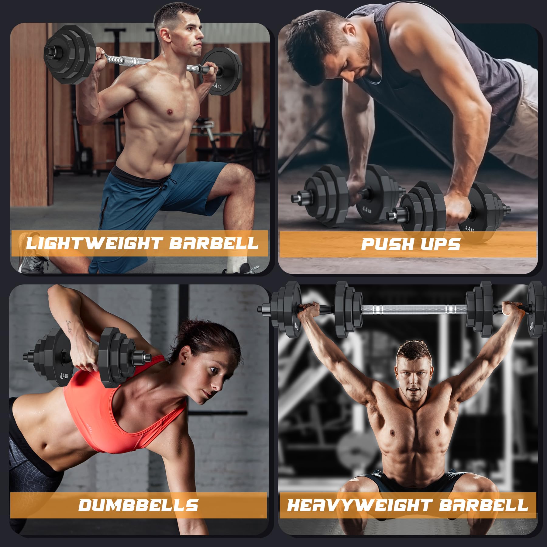 Kiss Gold Dumbbells Set, Adjustable Weights Dumbbell 22Lb/44Lb/66Lb With Solid Steel, Barbell Free Weight Set With Connector Wor