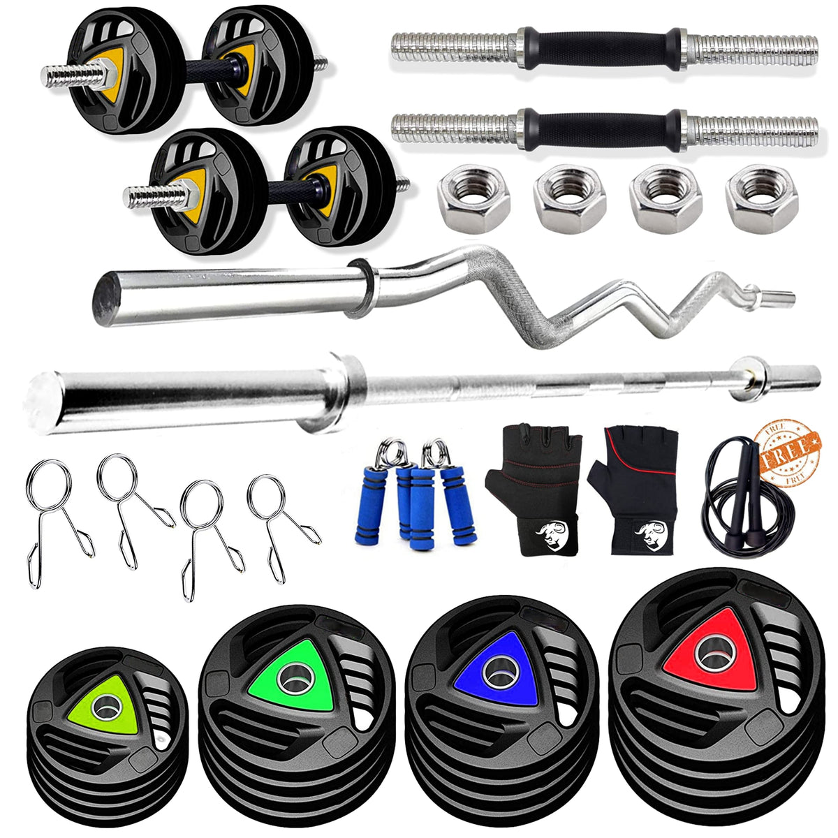 BULLAR Professional Adjustable Rubber Coated 10kg to 50kg Home Gym Set with 4ft Straight, EZ Curl Rod, Metal Rubber Weight Plate