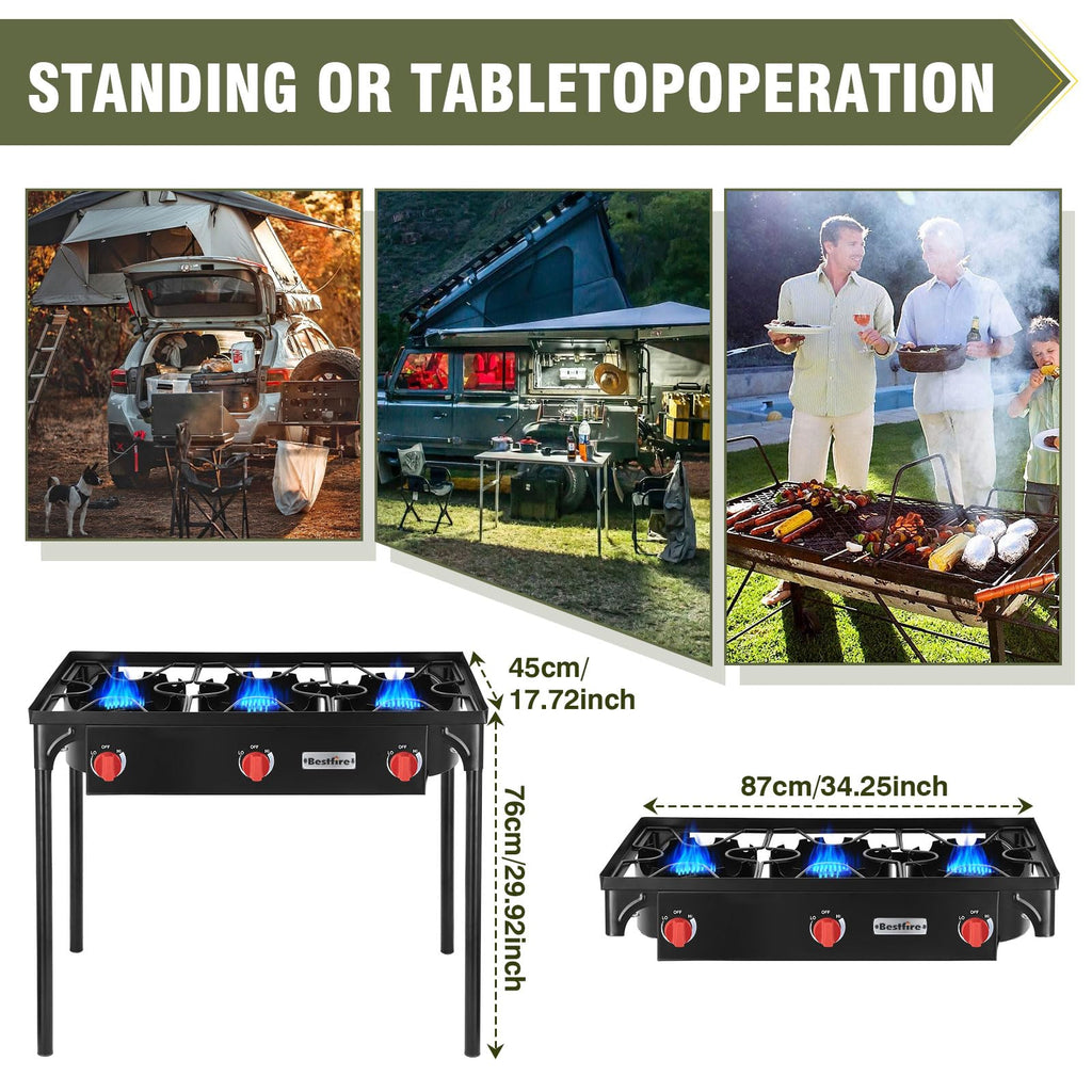 Bestfire 3 Burners Camping Stove For Cooking Outdoor, 225,000 Btu Propane Burners With Ignition Wire&Removable Legs, Temperature