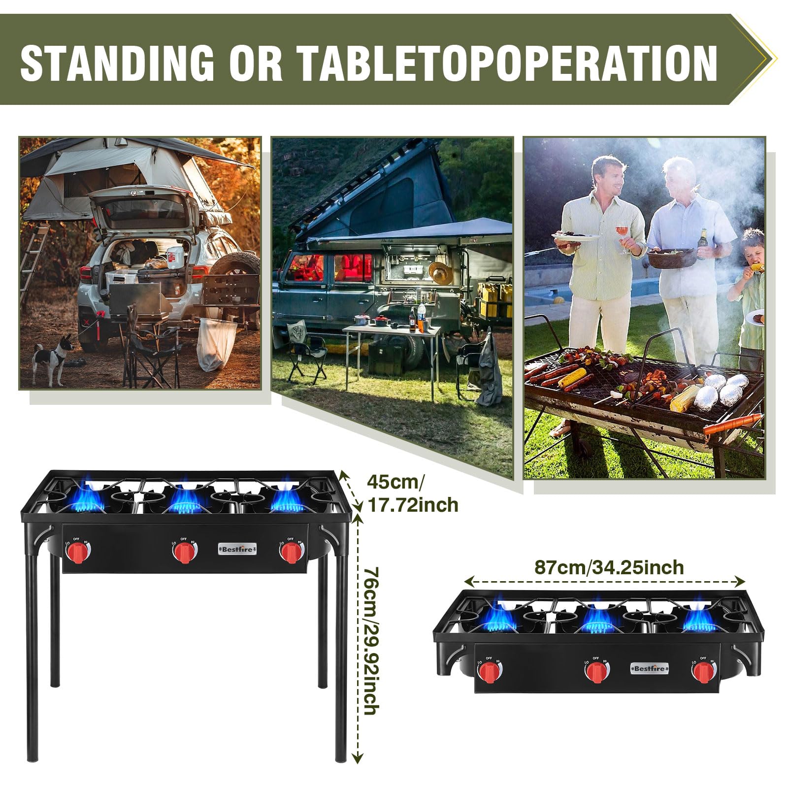 Bestfire 3 Burners Camping Stove For Cooking Outdoor, 225,000 Btu Propane Burners With Ignition Wire&Removable Legs, Temperature