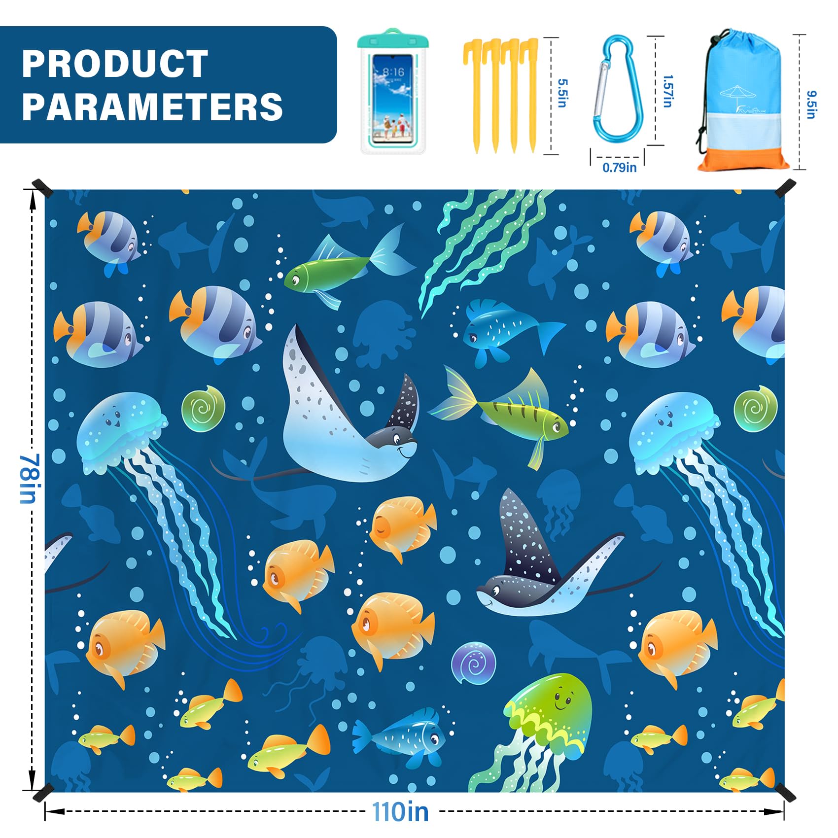 Famstar Beach Blanket Oversized Extra Large78 X110,Waterproof Sandproof Beach Blanket 2-8 Adults Lightweight Durable For Travel