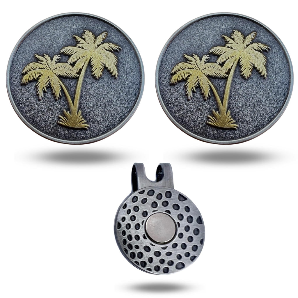 Full Metal Markers Palm Tree Unique Magnetic Metal Golf Ball Marker Accessory With Hat Clip For Men And Women (2 Ball Markers + 