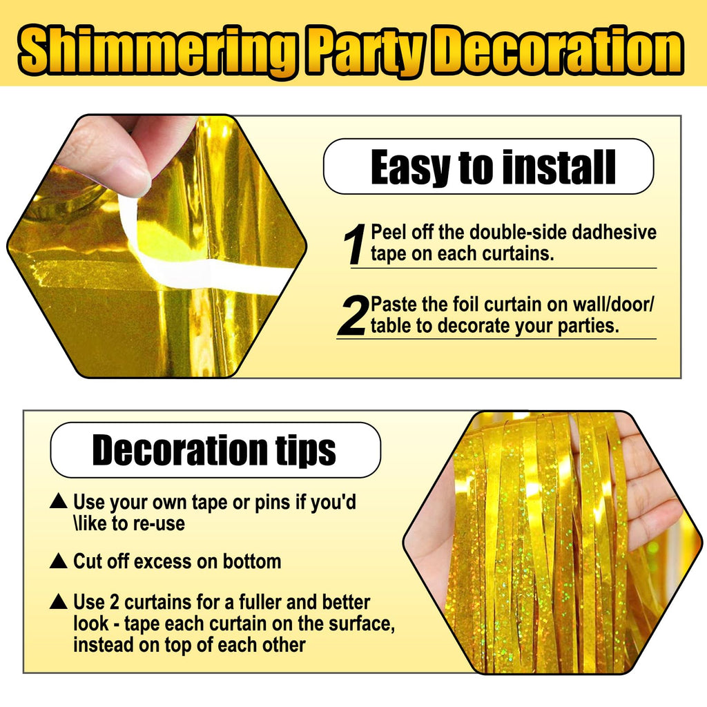 3 Pack Gold Foil Fringe Curtain Backdrop, 3.28Ft X 8.2Ft Metallic Tinsel Foil Fringe Streamer Curtains For Photo Booth, Valentin