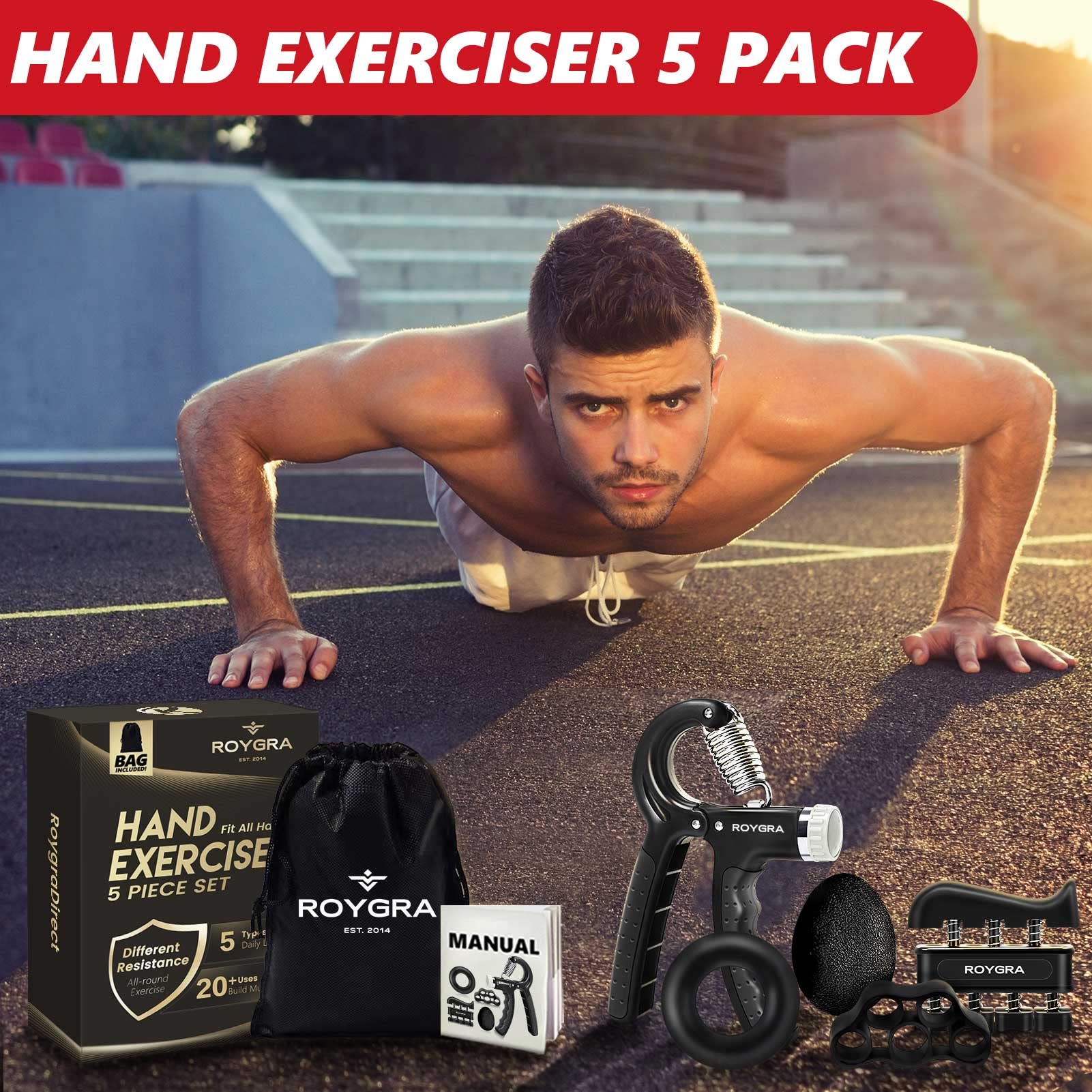 Roygra Grip Strength Trainer, Forearm Workout, Hand & Finger Exerciser - 5 Pack (Black)