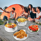 Camping Pots Pans, 4Pcs Portable Foldable Stainless Steel Combination Pot Cookware Set Camping Kitchenware Picnic Outdoor Pan Po