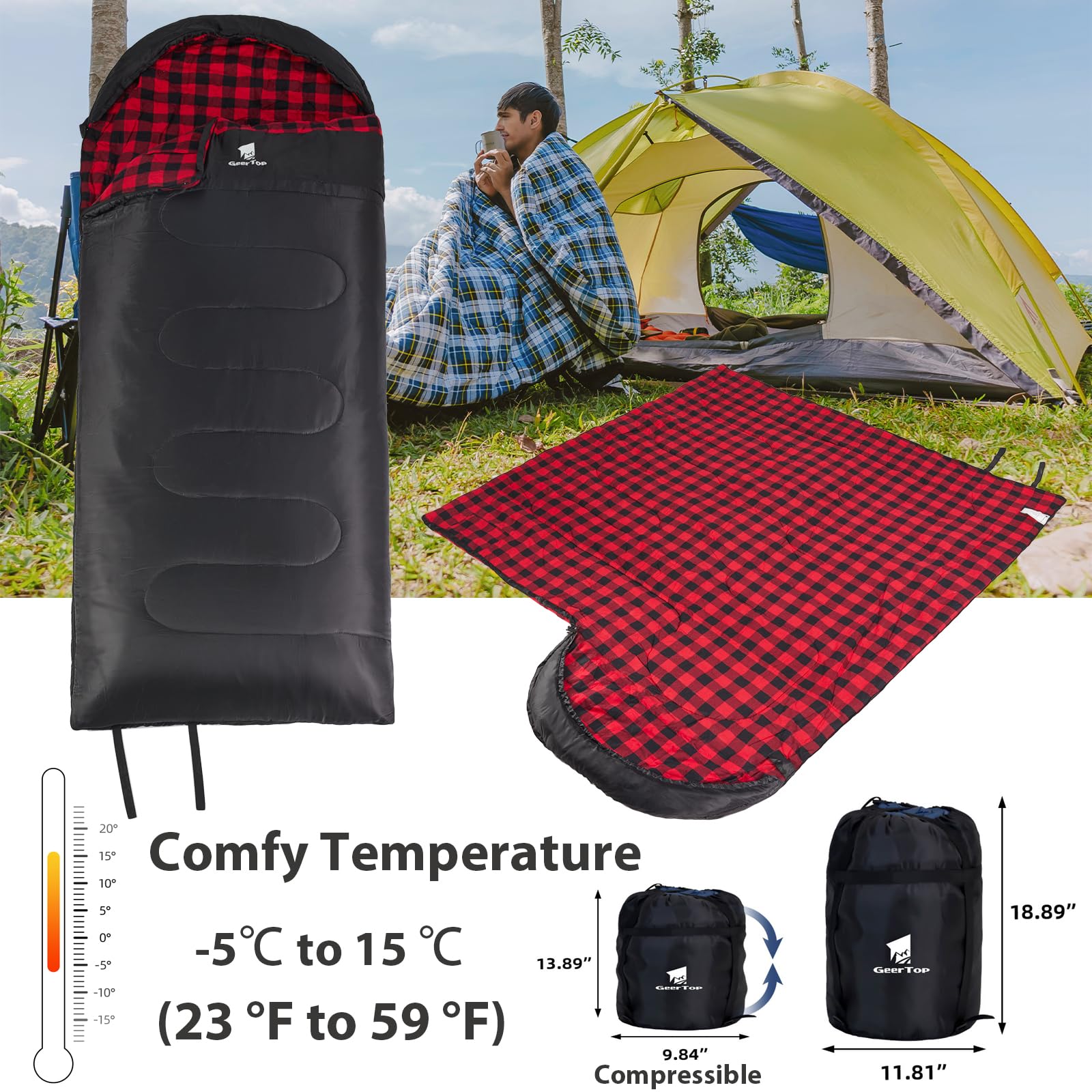 Geertop Adults Sleeping Bag Flanner For Big And Tall People Lightweight Backpacking Sleeping Bag Waterproof 4 Season For Camping