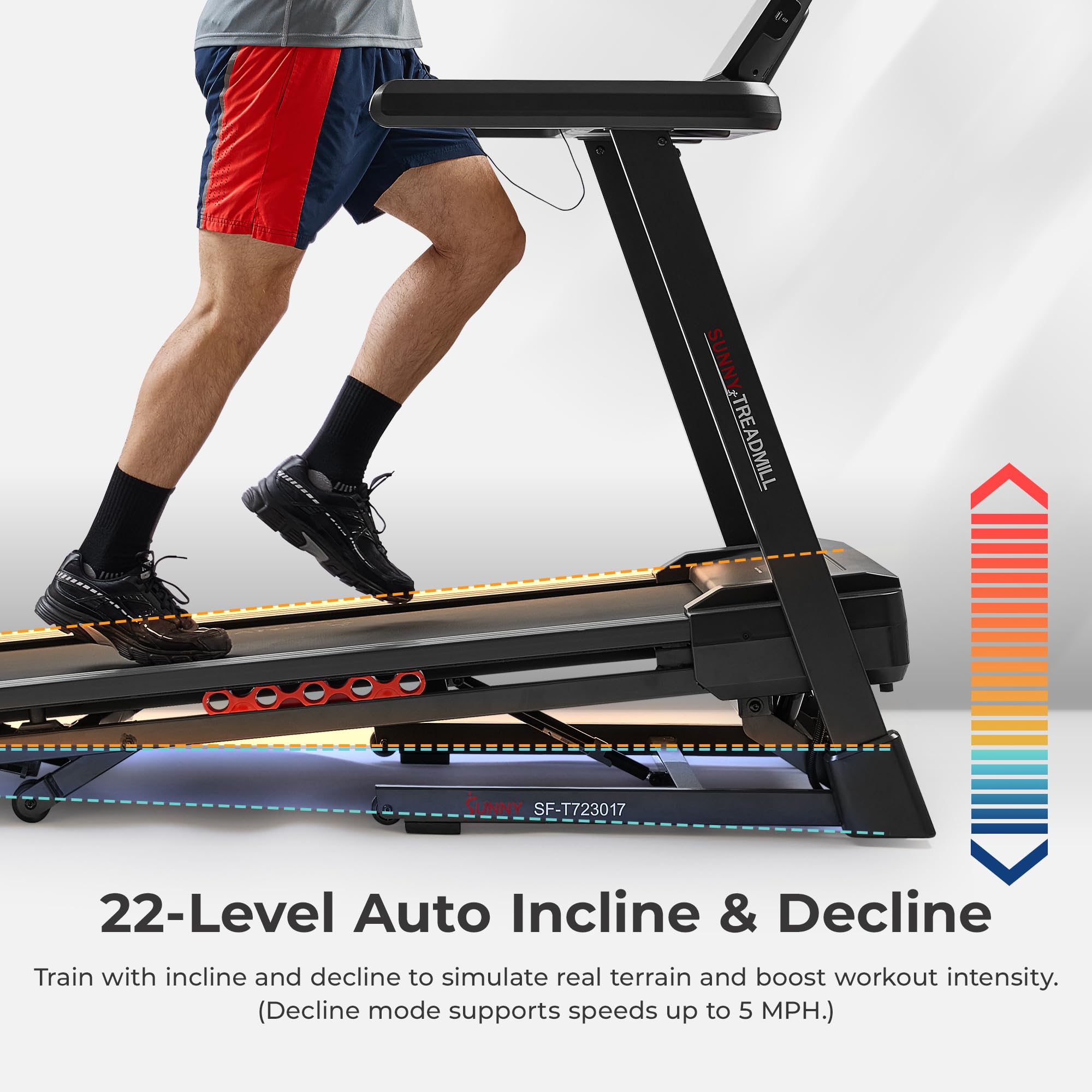 Sunny Health & Fitness Excel Smart Auto Incline/Decline for Home Use, 20    Wide Running and Walking Deck, Flex Shock Suspension