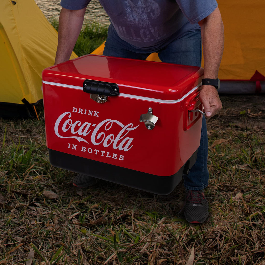 Coca-Cola Ice Chest Beverage Cooler With Bottle Opener, 51L (54 Qt), 85 Can Capacity Portable Cooler, Red And Black, For Camping