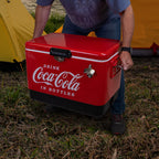 Coca-Cola Ice Chest Beverage Cooler With Bottle Opener, 51L (54 Qt), 85 Can Capacity Portable Cooler, Red And Black, For Camping