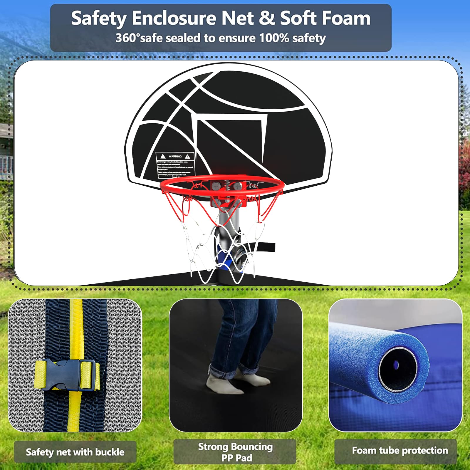 Lyromix Upgraded 8FT Trampoline for Kids and Adults, Large Outdoor Trampoline with Basketball,Stakes, Light, Sprinkler,Basketbal