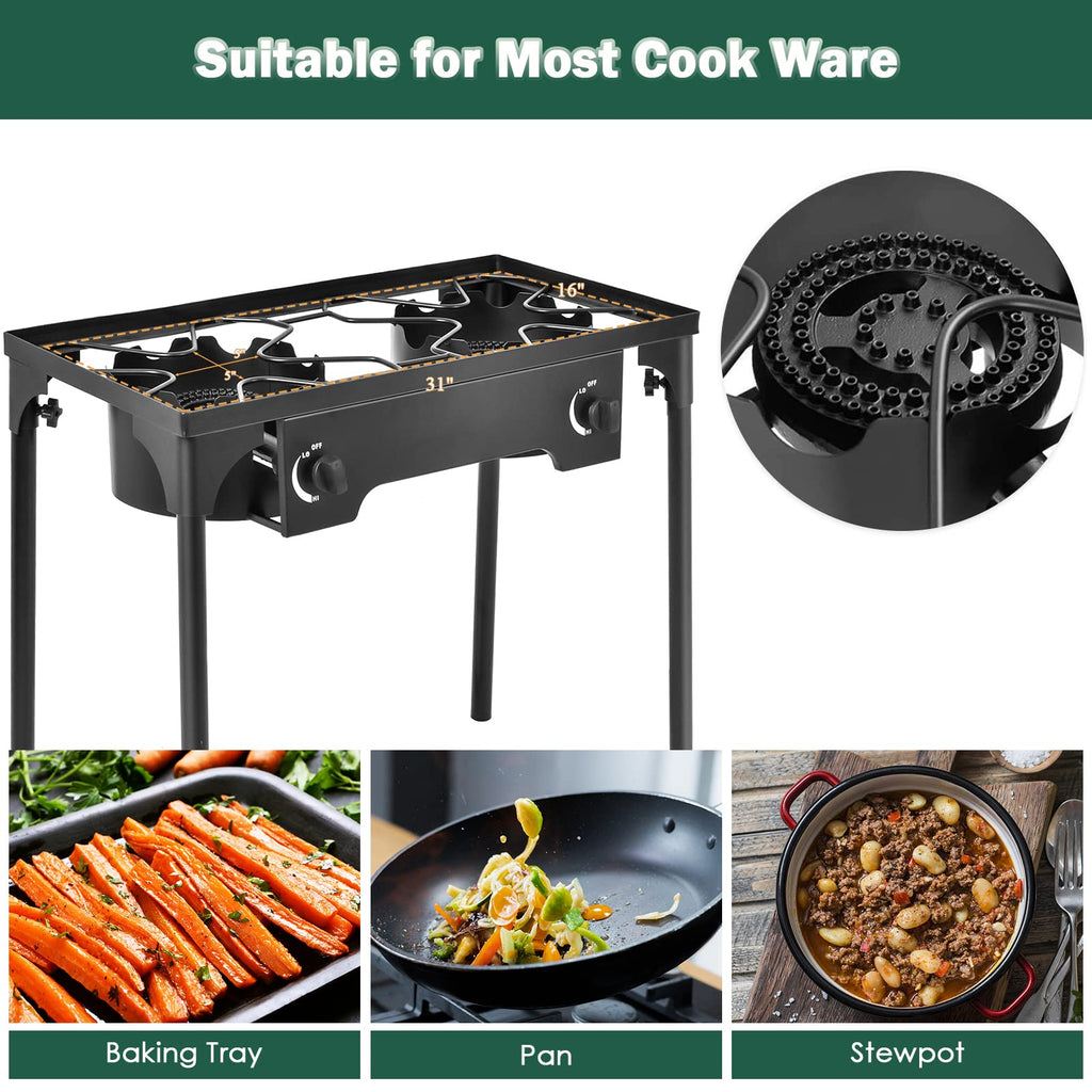 Goplus Outdoor Camping Stove, Dual Burner Propane Gas Cooker W/Detachable Legs & 0-20 Psi Regulator & Csa Approval For Camp Pait