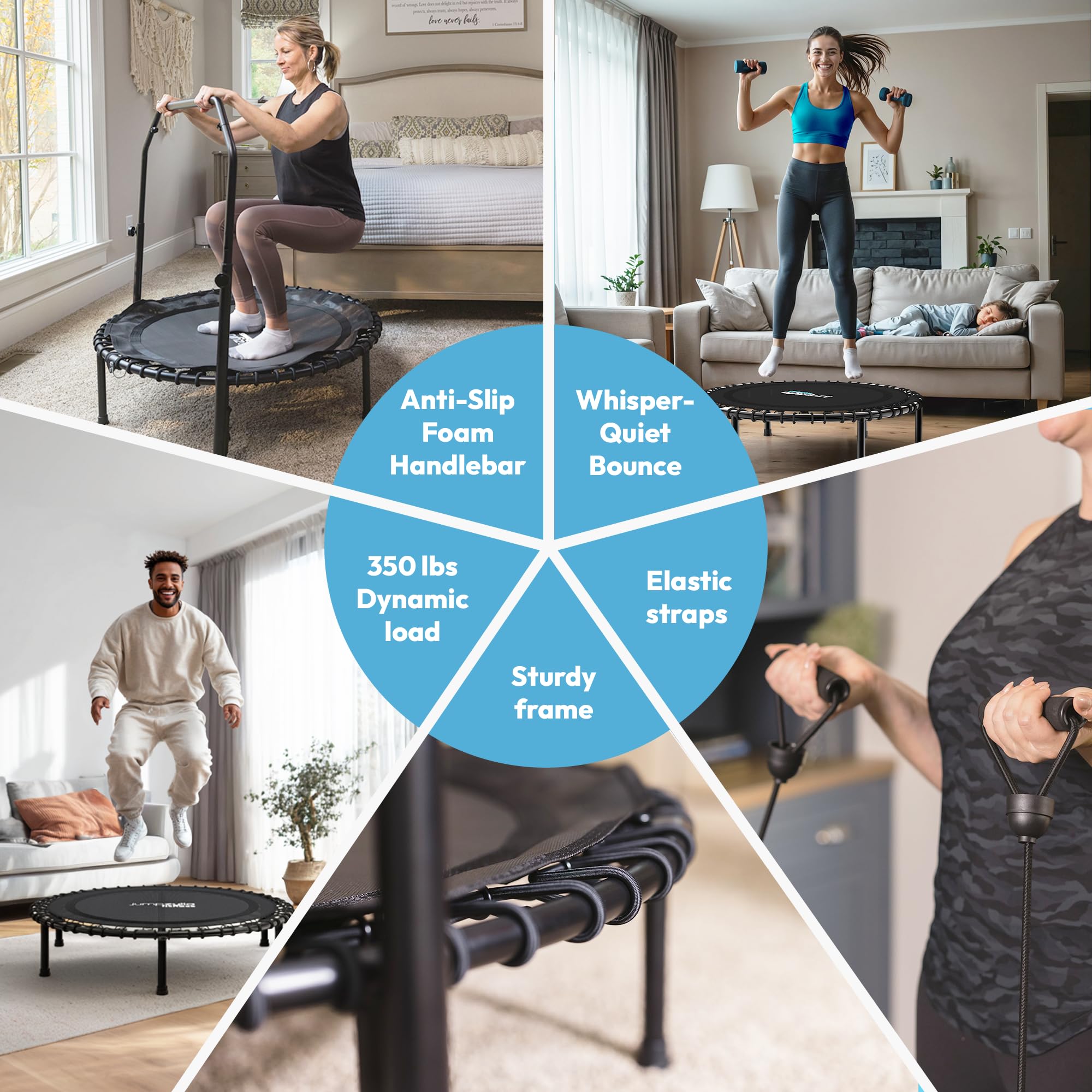 Jumpzylla Fitness Trampoline 40| Foldable Mini Rebounder Trampoline For Adults With Bar | Durable, Quiet, Low-Impact Exercise Eq