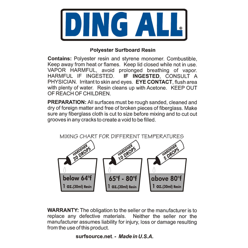 Ding All Polyester Sanding Resin With Catalyst - Smooth And Non-Tacky Product For Surfboard Repairs - 8 Oz