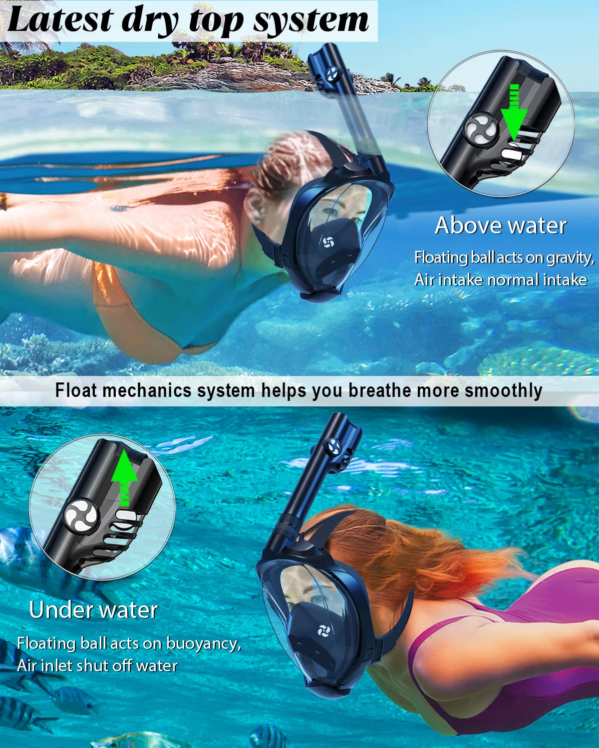 W WSTOO Full Face Snorkel Mask Adults,Suitable for Beginners Dry Top Snorkeling Gear,Can Your Mouth or Nose to Breathe,180 Degre