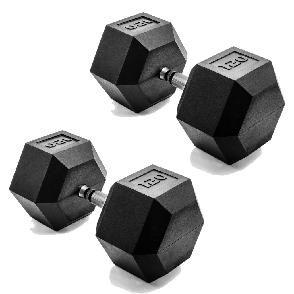 CAP Barbell 120 LB Rubber Coated Hex Dumbbell Hand Weight - Pair | Chrome Handle