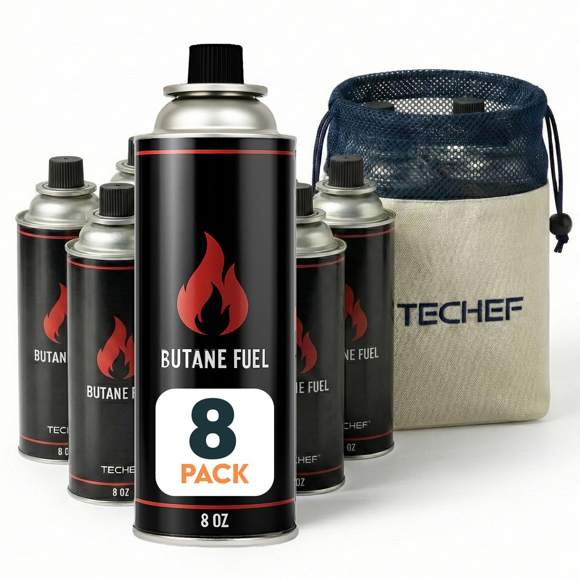 TECHEF 8 Pack x 8oz Butane Gas Fuel Canisters Cylinders Tin with Dual Safety System for Portable Gas Stoves, Camping Stoves, Gas