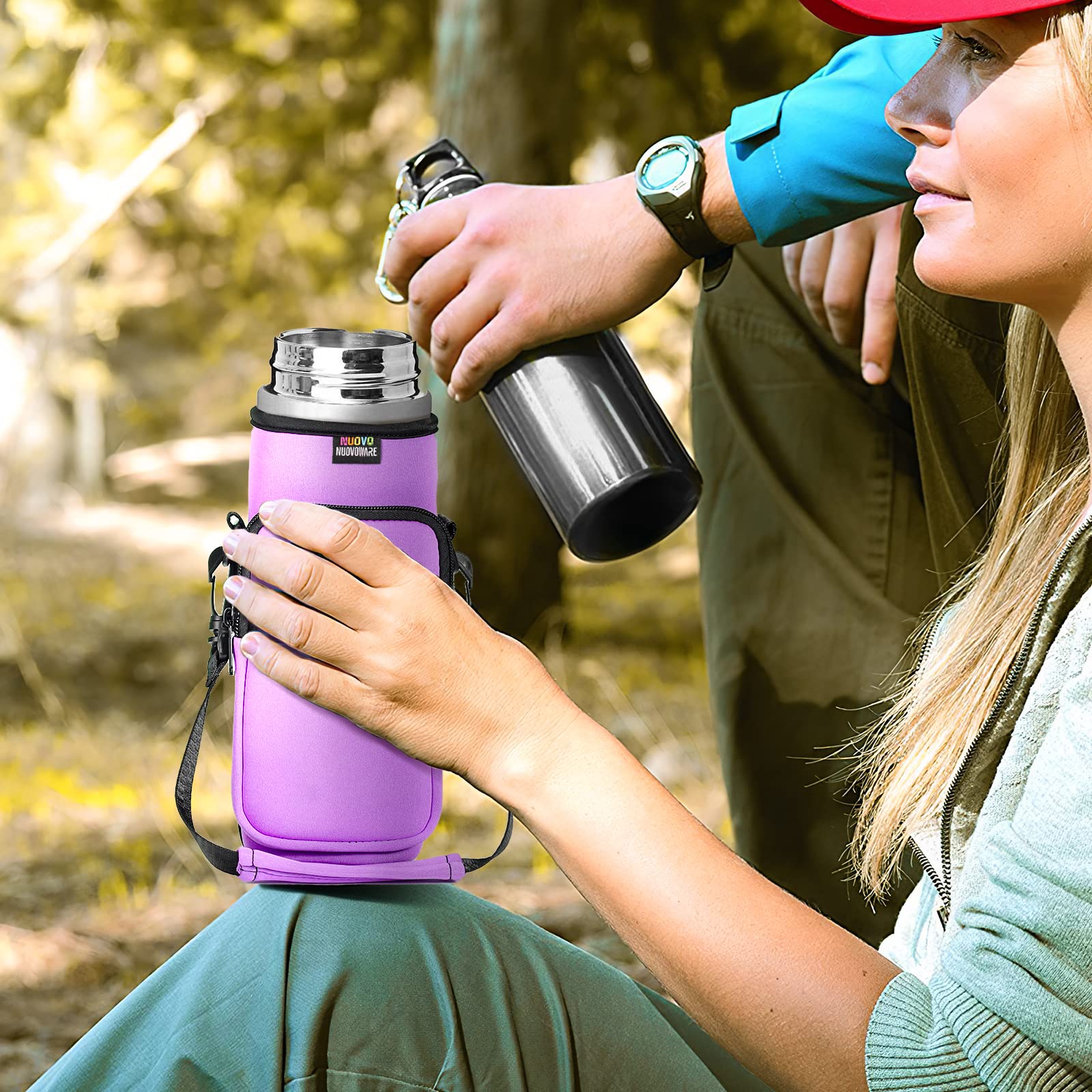 Nuovoware Water Bottle Carrier Bag, Bottle Pouch Holder, Adjustable Shoulder Hand Strap 2 Pocket Sling Neoprene Sleeve Sports Wa