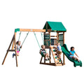 Backyard Discovery Buckley Hill Wooden Swing Set, Made for Small Yards and Younger Children, Two Belt Swings, Covered Mesh Fort 